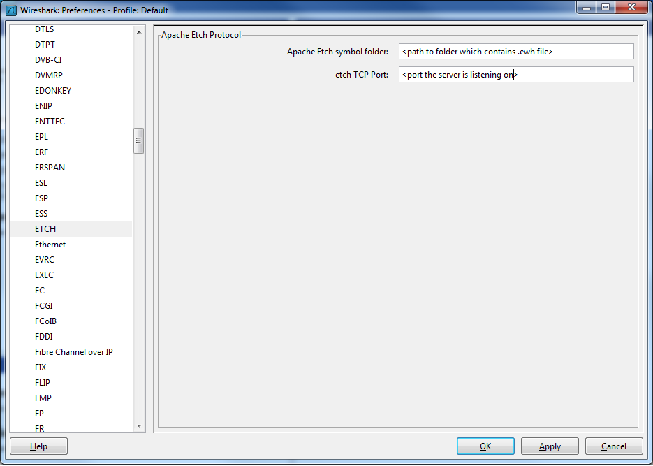 Wireshark preference window for the Etch protocol